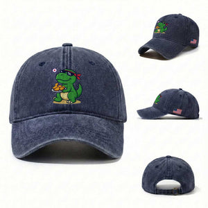 Cute Dinosaur Eating Chicken Nuggets Washed Cotton Baseball Cap Food Humor Gift TS12 Washed Cap Universal Fit Navy Print Your Wear