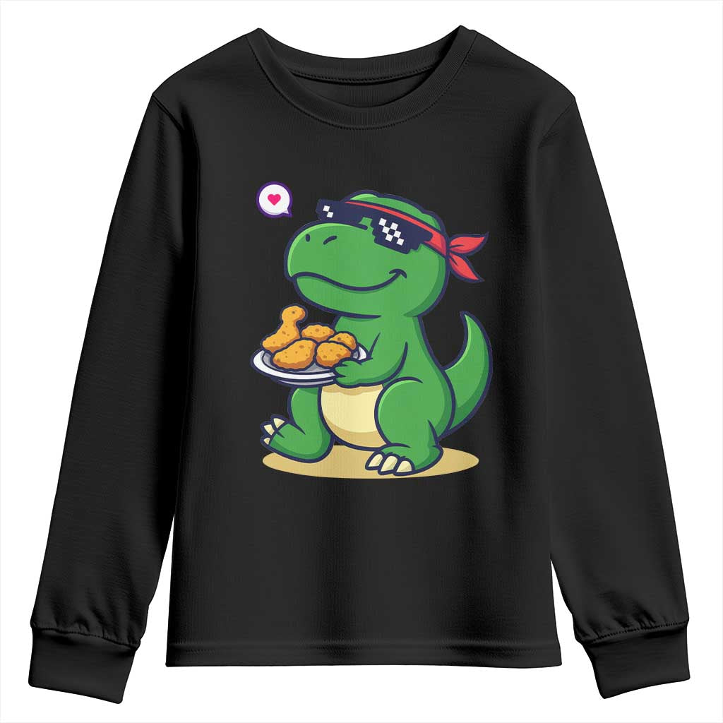 Cute Dinosaur Eating Chicken Nuggets Youth Sweatshirt Food Humor Gift TS12 Black Print Your Wear