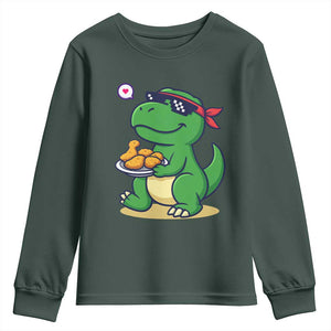Cute Dinosaur Eating Chicken Nuggets Youth Sweatshirt Food Humor Gift TS12 Dark Forest Green Print Your Wear