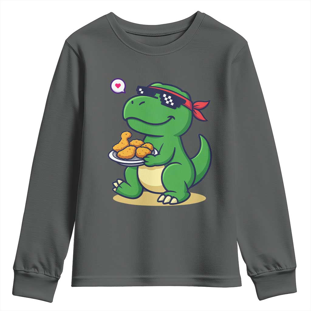 Cute Dinosaur Eating Chicken Nuggets Youth Sweatshirt Food Humor Gift TS12 Dark Heather Print Your Wear