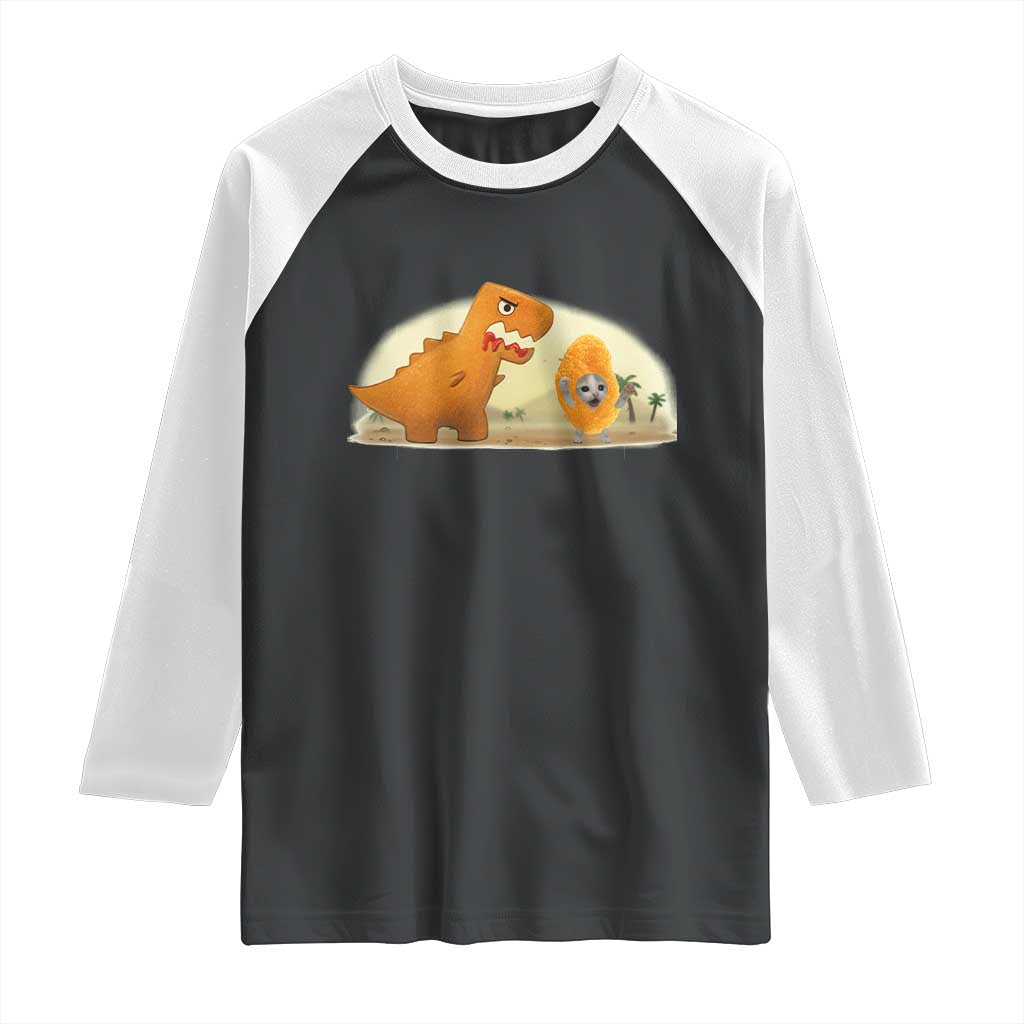 Dino Nuggets Chasing Cat Raglan Shirt Funny Nugget Lover Gift TS12 Black White Print Your Wear
