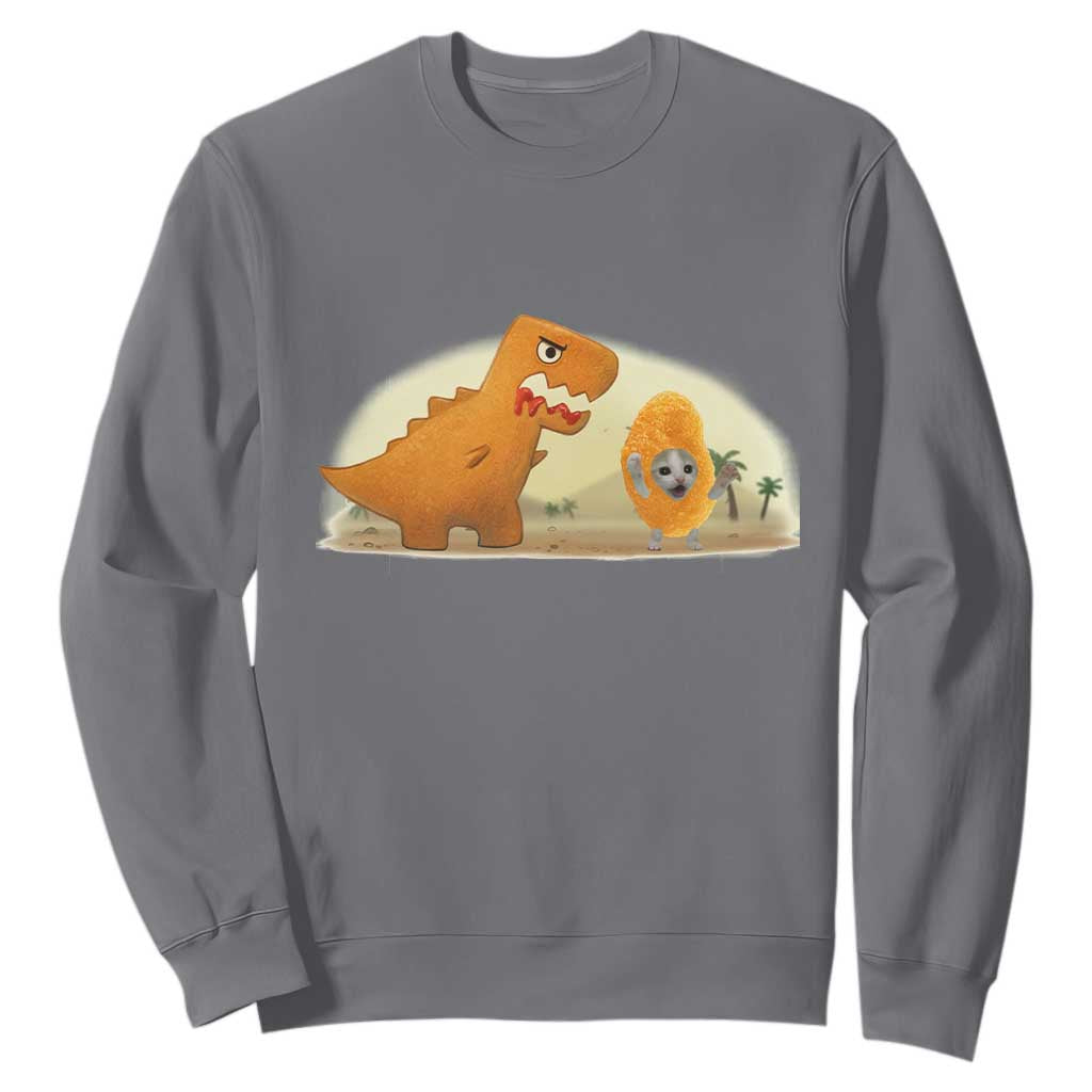 Dino Nuggets Chasing Cat Sweatshirt Funny Nugget Lover Gift TS12 Charcoal Print Your Wear