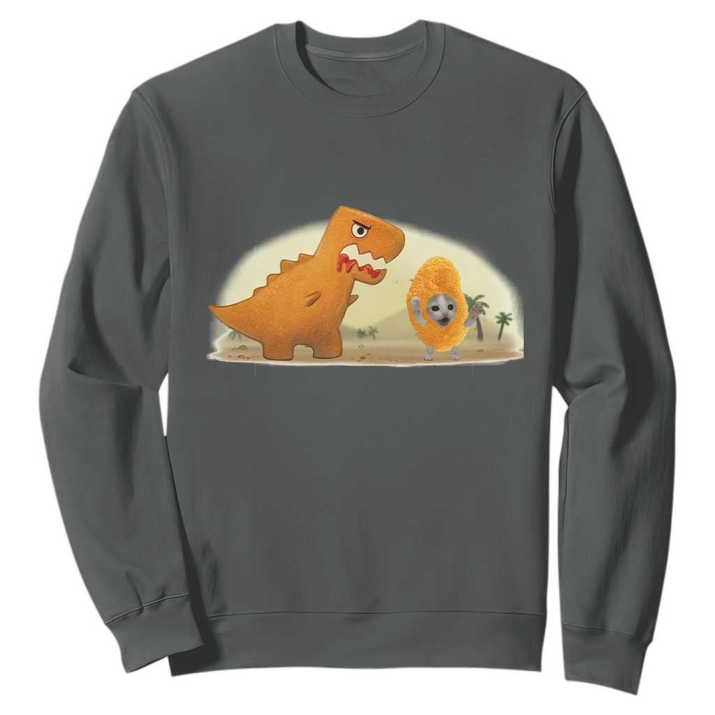 Dino Nuggets Chasing Cat Sweatshirt Funny Nugget Lover Gift TS12 Dark Heather Print Your Wear