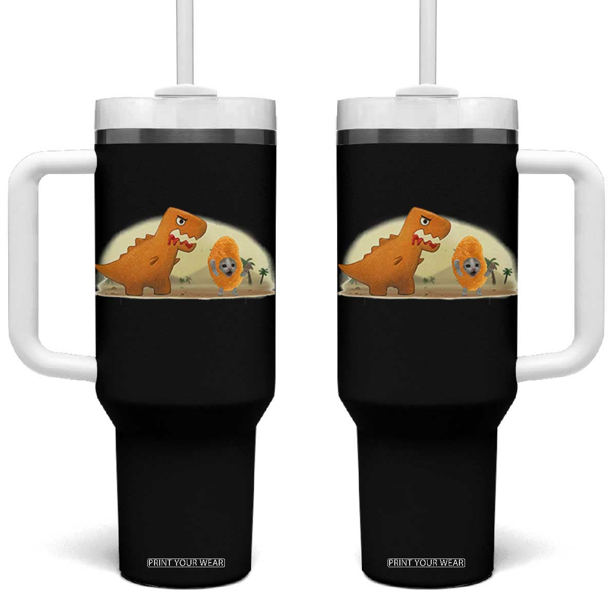 Dino Nuggets Chasing Cat Tumbler With Handle Funny Nugget Lover Gift TS12 One Size: 40 oz Black Print Your Wear