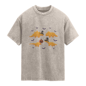 Halloween Dinosaur Nugget Washed Cotton T-Shirt Funny Spooky Food Gift