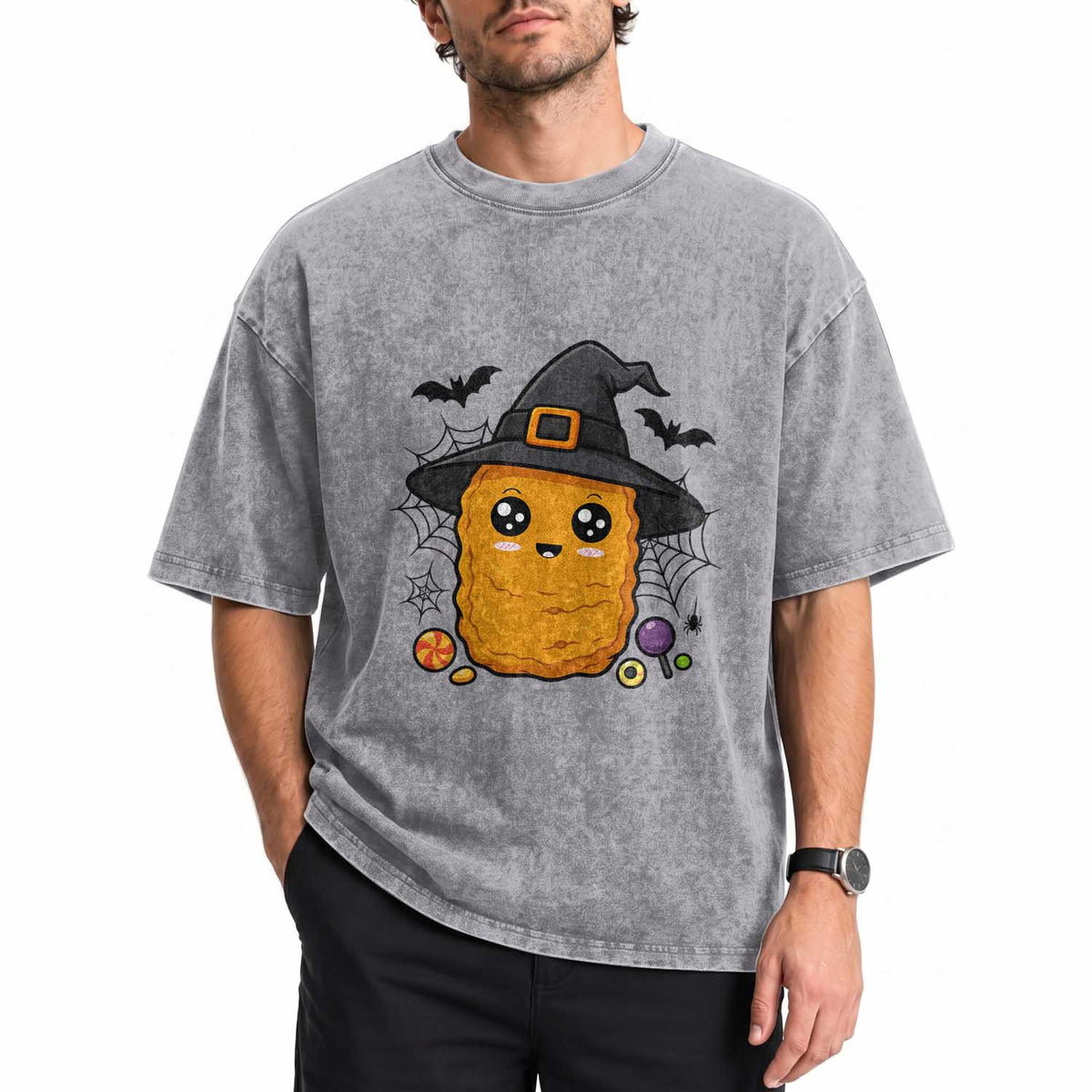 Halloween Nugget With Witch Hat Washed Cotton T-Shirt Funny Food Gift