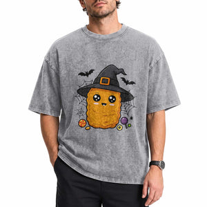 Halloween Nugget With Witch Hat Washed Cotton T-Shirt Funny Food Gift