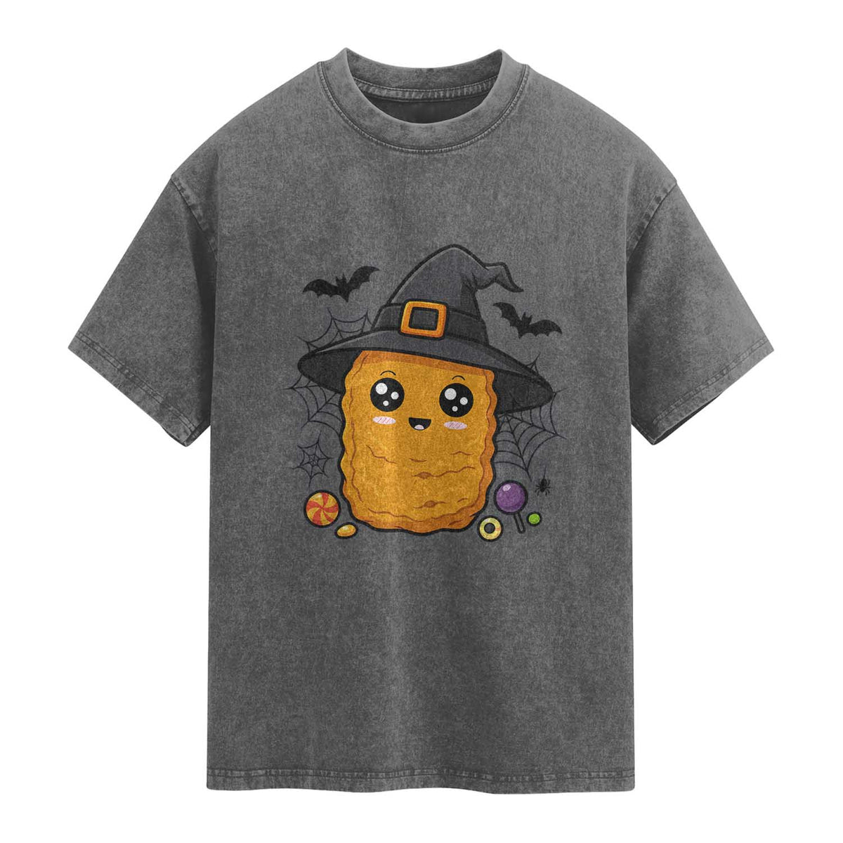 Halloween Nugget With Witch Hat Washed Cotton T-Shirt Funny Food Gift