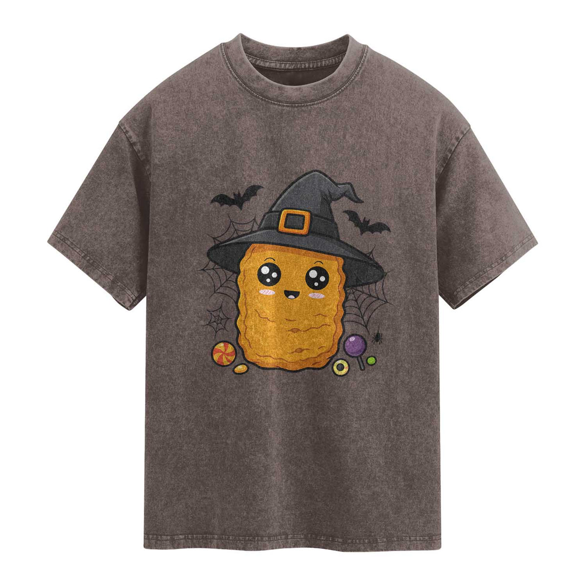 Halloween Nugget With Witch Hat Washed Cotton T-Shirt Funny Food Gift