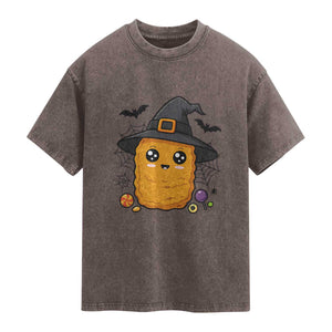 Halloween Nugget With Witch Hat Washed Cotton T-Shirt Funny Food Gift
