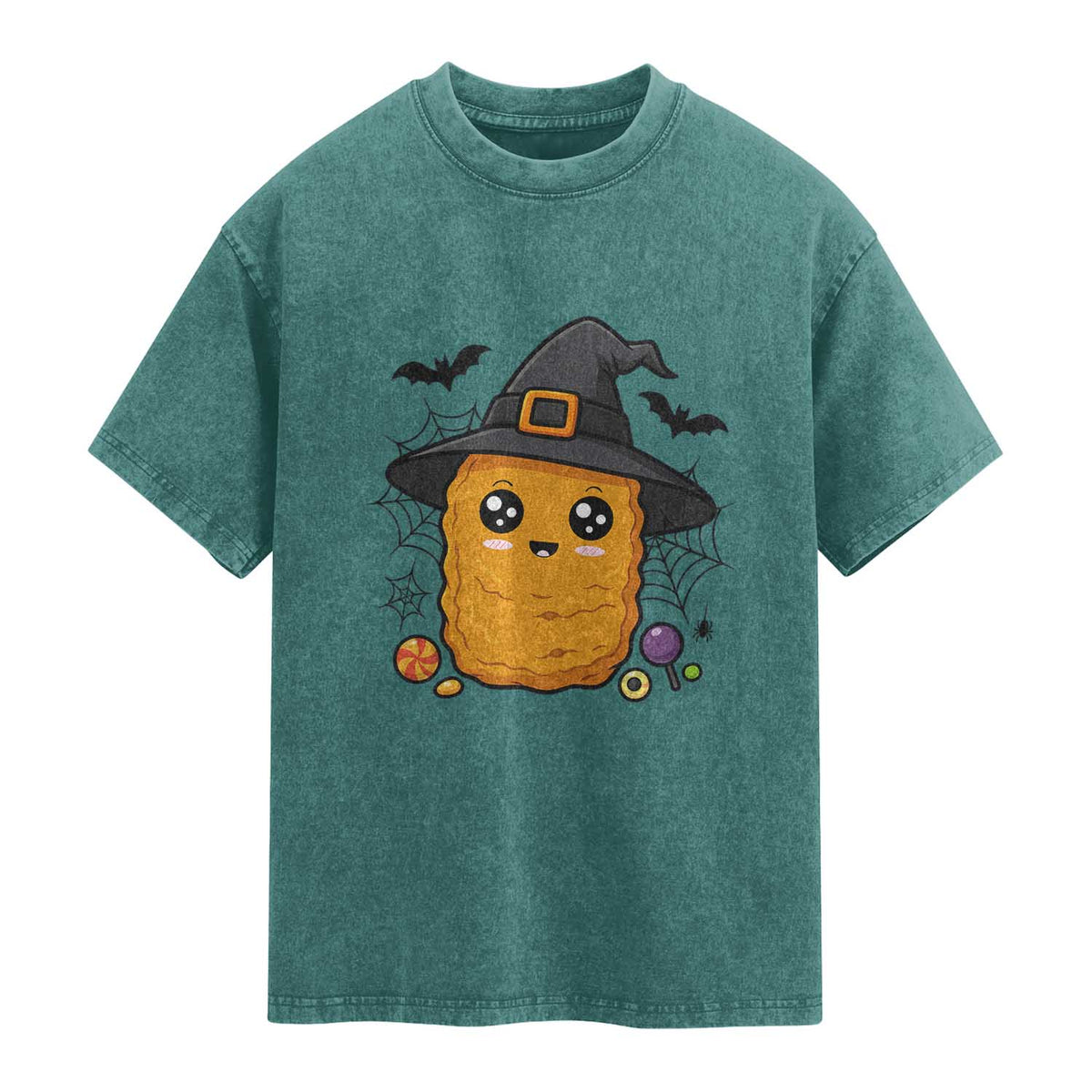 Halloween Nugget With Witch Hat Washed Cotton T-Shirt Funny Food Gift