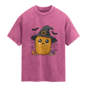 Halloween Nugget With Witch Hat Washed Cotton T-Shirt Funny Food Gift