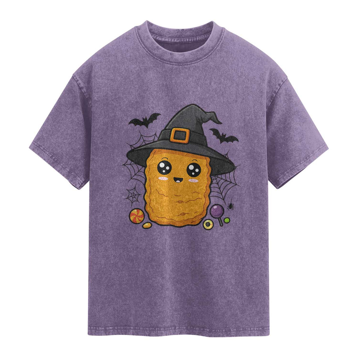 Halloween Nugget With Witch Hat Washed Cotton T-Shirt Funny Food Gift