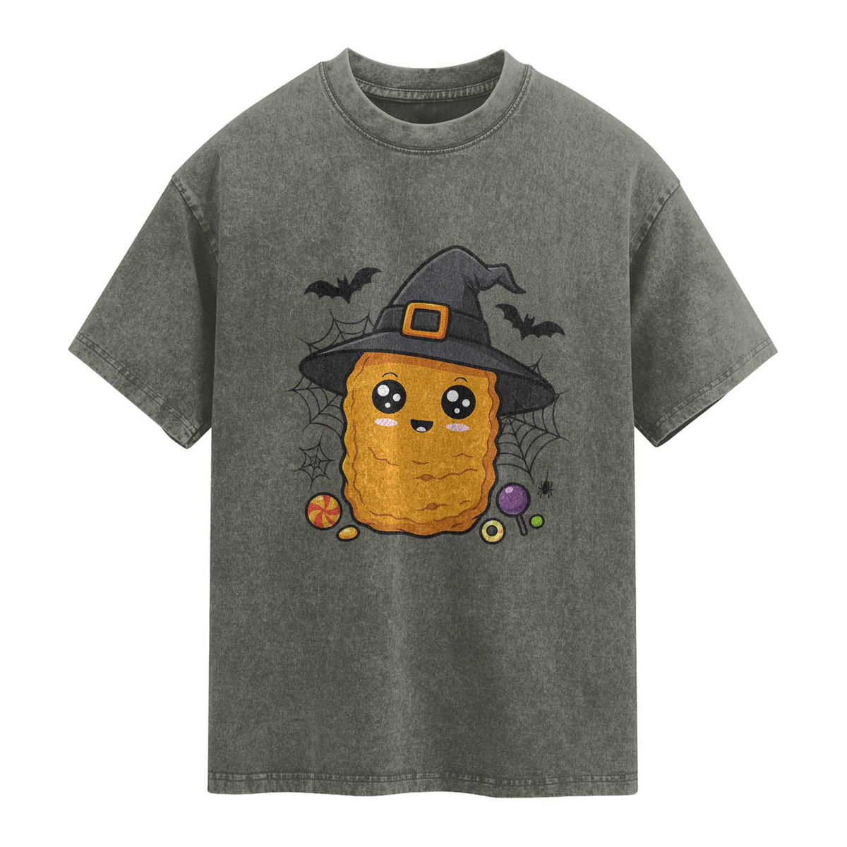 Halloween Nugget With Witch Hat Washed Cotton T-Shirt Funny Food Gift