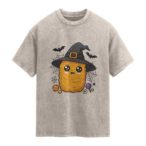 Halloween Nugget With Witch Hat Washed Cotton T-Shirt Funny Food Gift