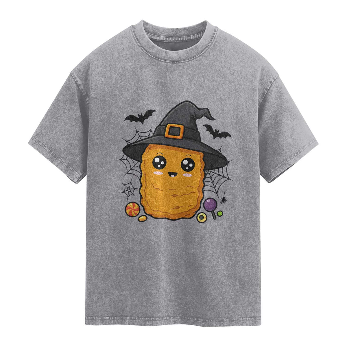 Halloween Nugget With Witch Hat Washed Cotton T-Shirt Funny Food Gift