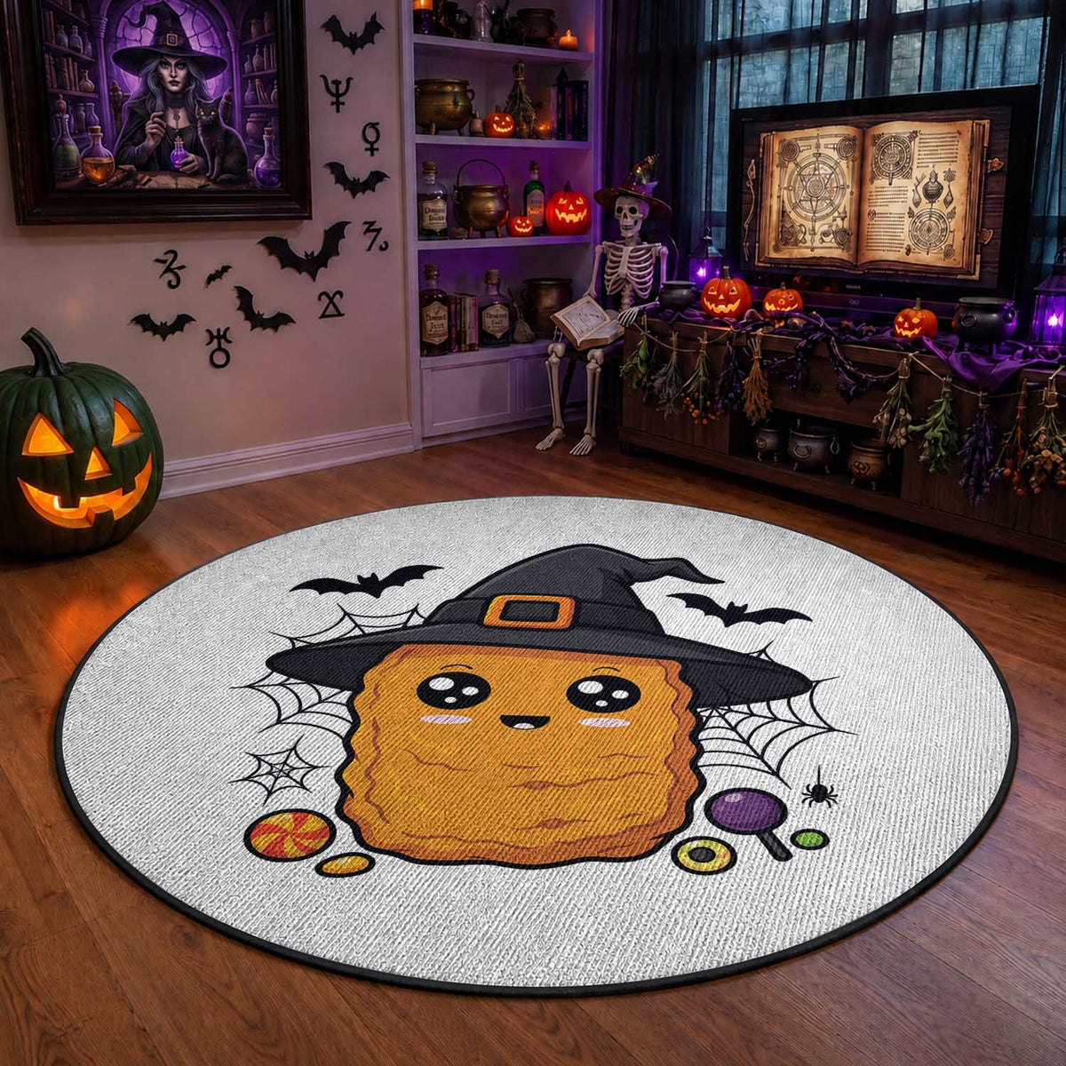 Halloween Nugget With Witch Hat Round Rug Funny Food Gift