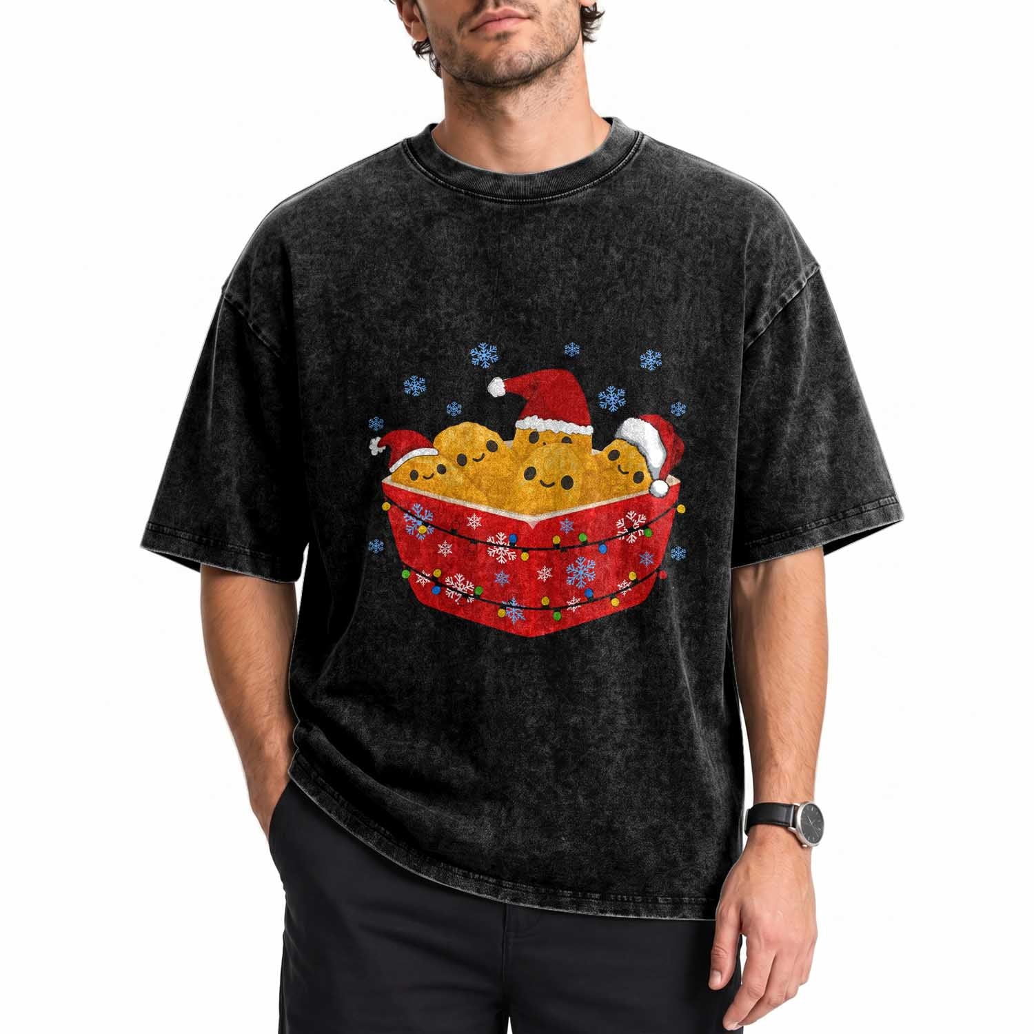 Christmas Chicken Nuggets Washed Cotton T-Shirt Funny Food Lover Gift