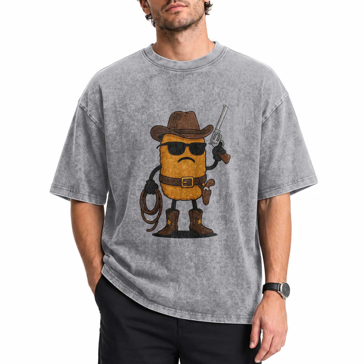Cowboy Chicken Nugget Washed Cotton T-Shirt Funny Food Gift