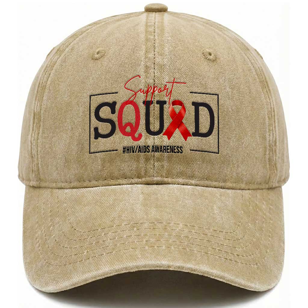 Support Squad Red Ribbon HIV AIDS Awareness Month Gift Washed Cotton Baseball Cap TS12 Print Your Wear