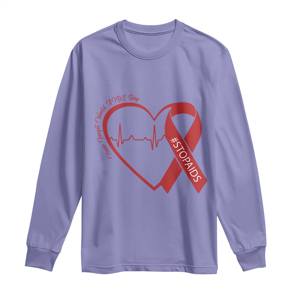 Never Forget World AIDS Day Long Sleeve Shirt Red Ribbon HIV Awareness Gift TS12 Violet Print Your Wear