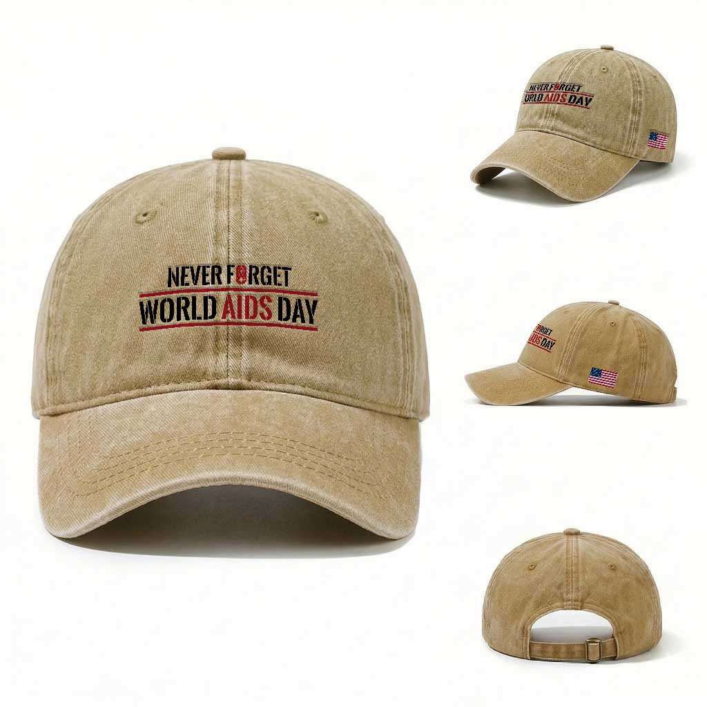 World AIDS Day Never Forget Washed Cotton Baseball Cap Red Ribbon Support Gift TS12 Washed Cap Universal Fit Khaki Print Your Wear