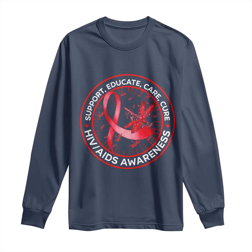 Support Educate Care Cure Long Sleeve Shirt HIV Awareness Month Gift TS12 Navy Print Your Wear