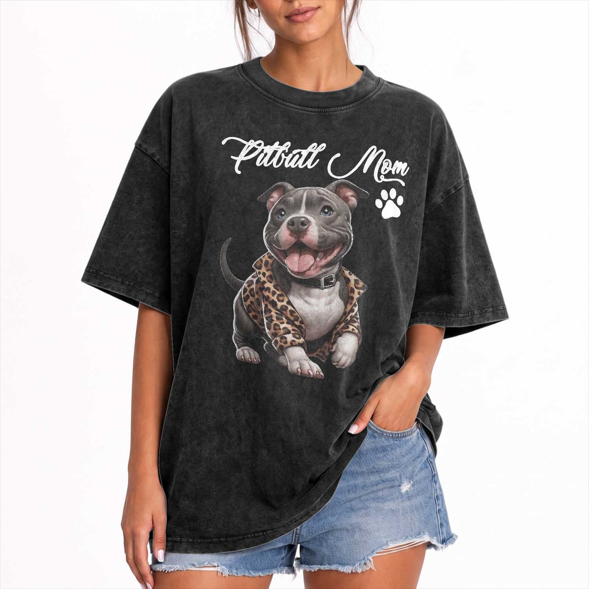 Pitbull Mom Washed Cotton T-Shirt Cute Pitbull Puppy Dog Lovers