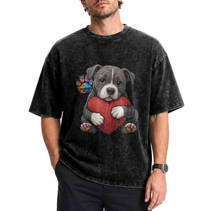 Pitbull Mom Washed Cotton T-Shirt Cute Puppy Hugging Heart Love Dog