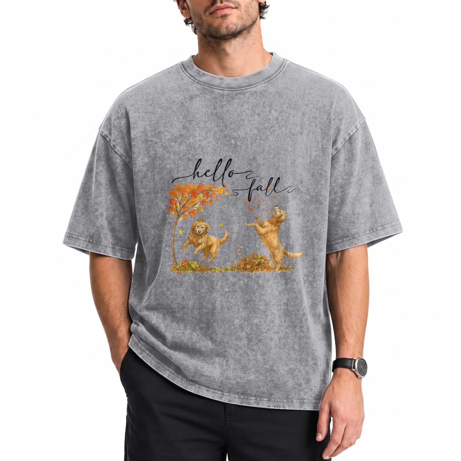 Funny Hello Fall Thanksgiving Golden Retriever Washed Cotton T-Shirt