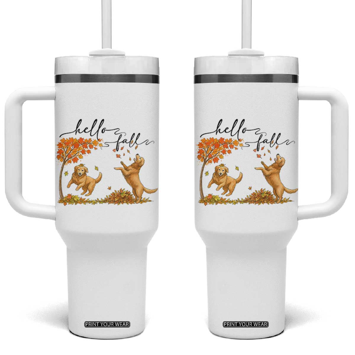 Funny Hello Fall Thanksgiving Golden Retriever Tumbler With Handle TS12 One Size: 40 oz White Print Your Wear