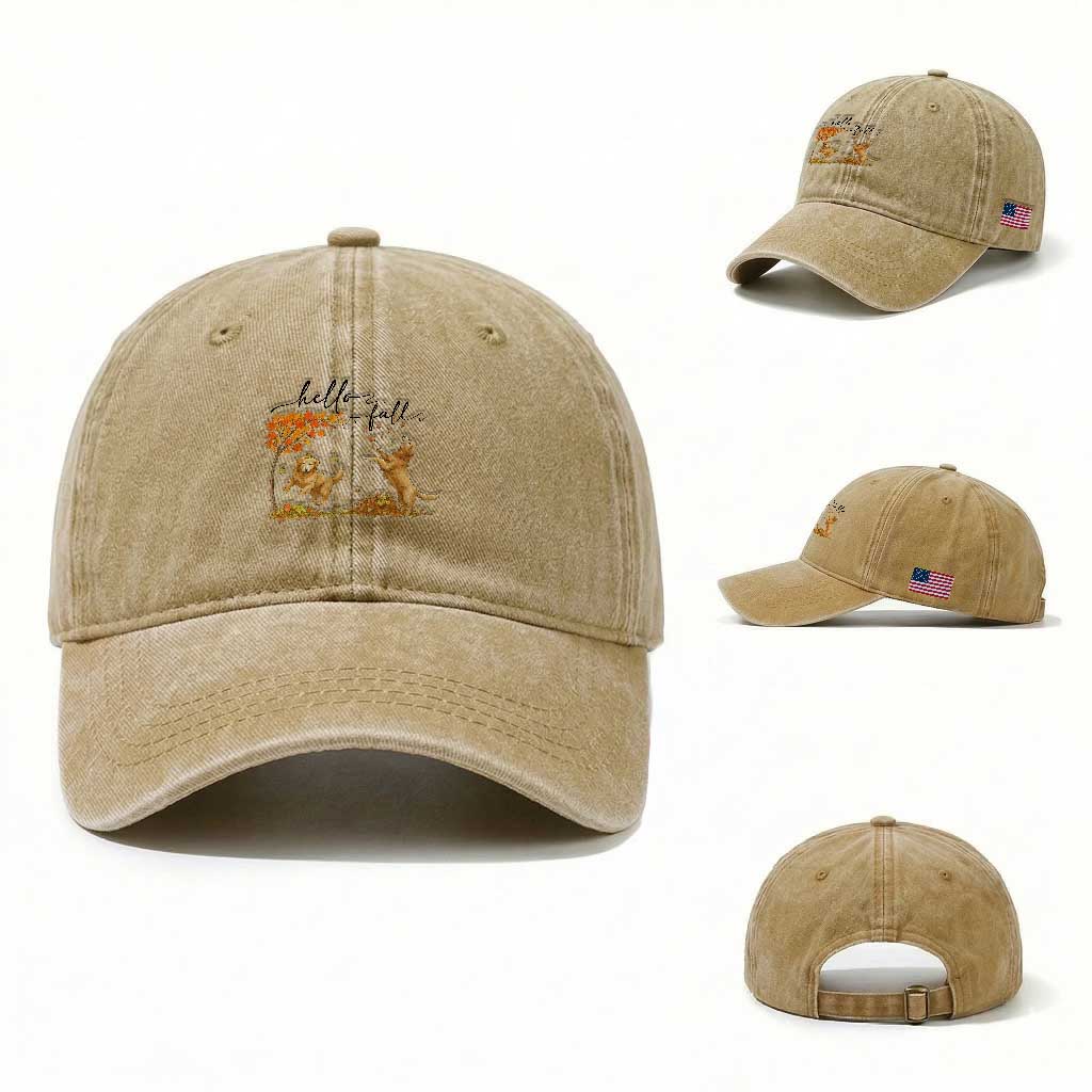 Funny Hello Fall Thanksgiving Golden Retriever Washed Cotton Baseball Cap TS12 Washed Cap Universal Fit Khaki Print Your Wear