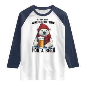It is The Most Wonderful Time For A Beer Raglan Shirt Funny Polar Bear Drinking Beer TS12 White Navy Print Your Wear