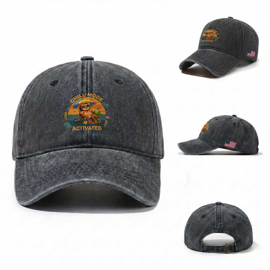 Chill Mode Activated Washed Cotton Baseball Cap Funny Sloth Summer Beach Vibes TS12 Washed Cap Universal Fit Dark Gray Print Your Wear