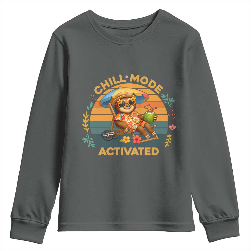 Chill Mode Activated Youth Sweatshirt Funny Sloth Summer Beach Vibes TS12 Dark Heather Print Your Wear