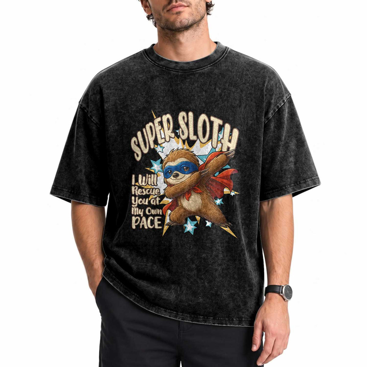 Super Sloth I Will Rescue You Washed Cotton T-Shirt Funny Sloth Lover Gift