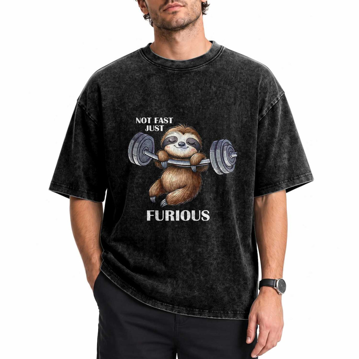 Funny Gym Sloth Washed Cotton T-Shirt Not Fast Just Furious