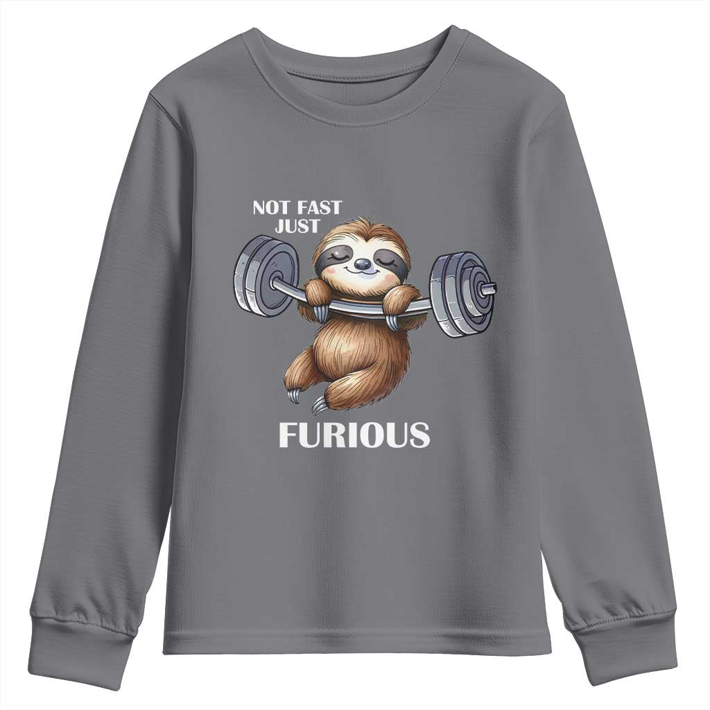 Funny Gym Sloth Youth Sweatshirt Not Fast Just Furious TS12 Charcoal Print Your Wear