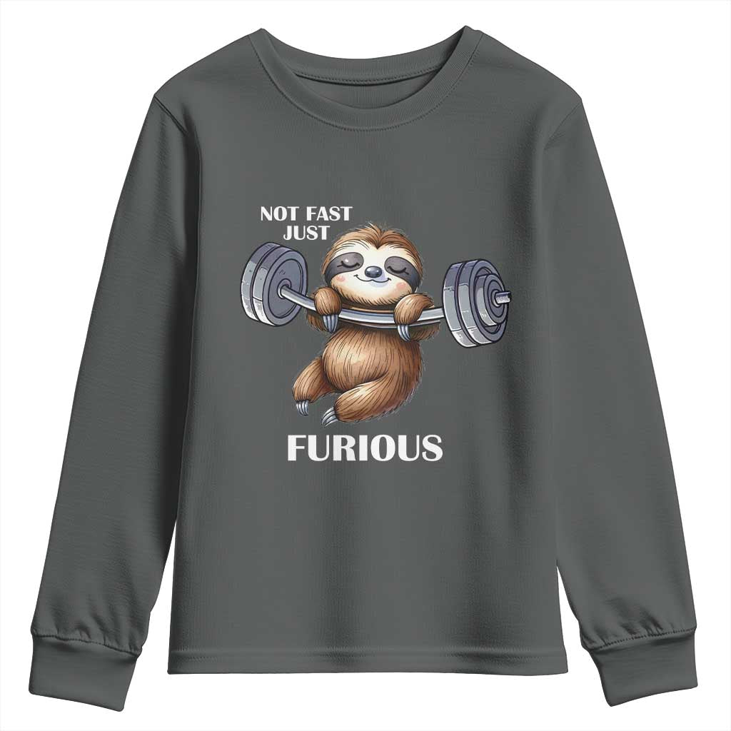 Funny Gym Sloth Youth Sweatshirt Not Fast Just Furious TS12 Dark Heather Print Your Wear