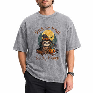 Funny Halloween Sloth Washed Cotton T-Shirt Trick Or Treat Slowly Please