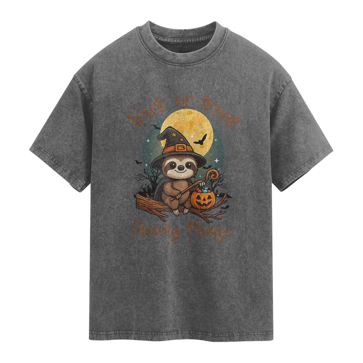 Funny Halloween Sloth Washed Cotton T-Shirt Trick Or Treat Slowly Please