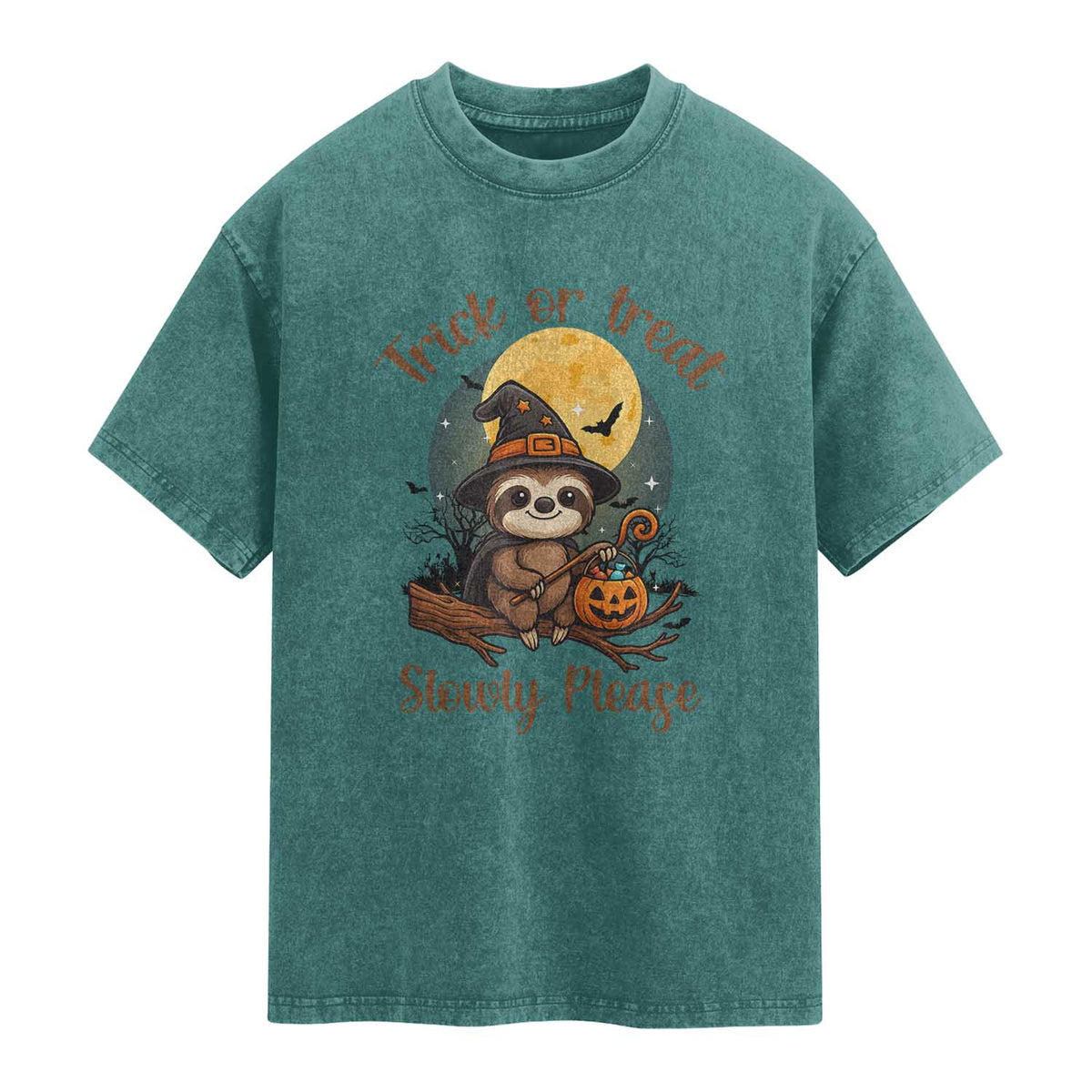 Funny Halloween Sloth Washed Cotton T-Shirt Trick Or Treat Slowly Please