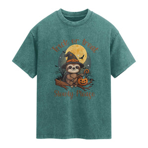 Funny Halloween Sloth Washed Cotton T-Shirt Trick Or Treat Slowly Please