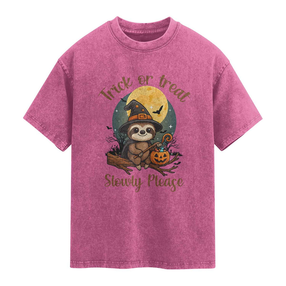 Funny Halloween Sloth Washed Cotton T-Shirt Trick Or Treat Slowly Please