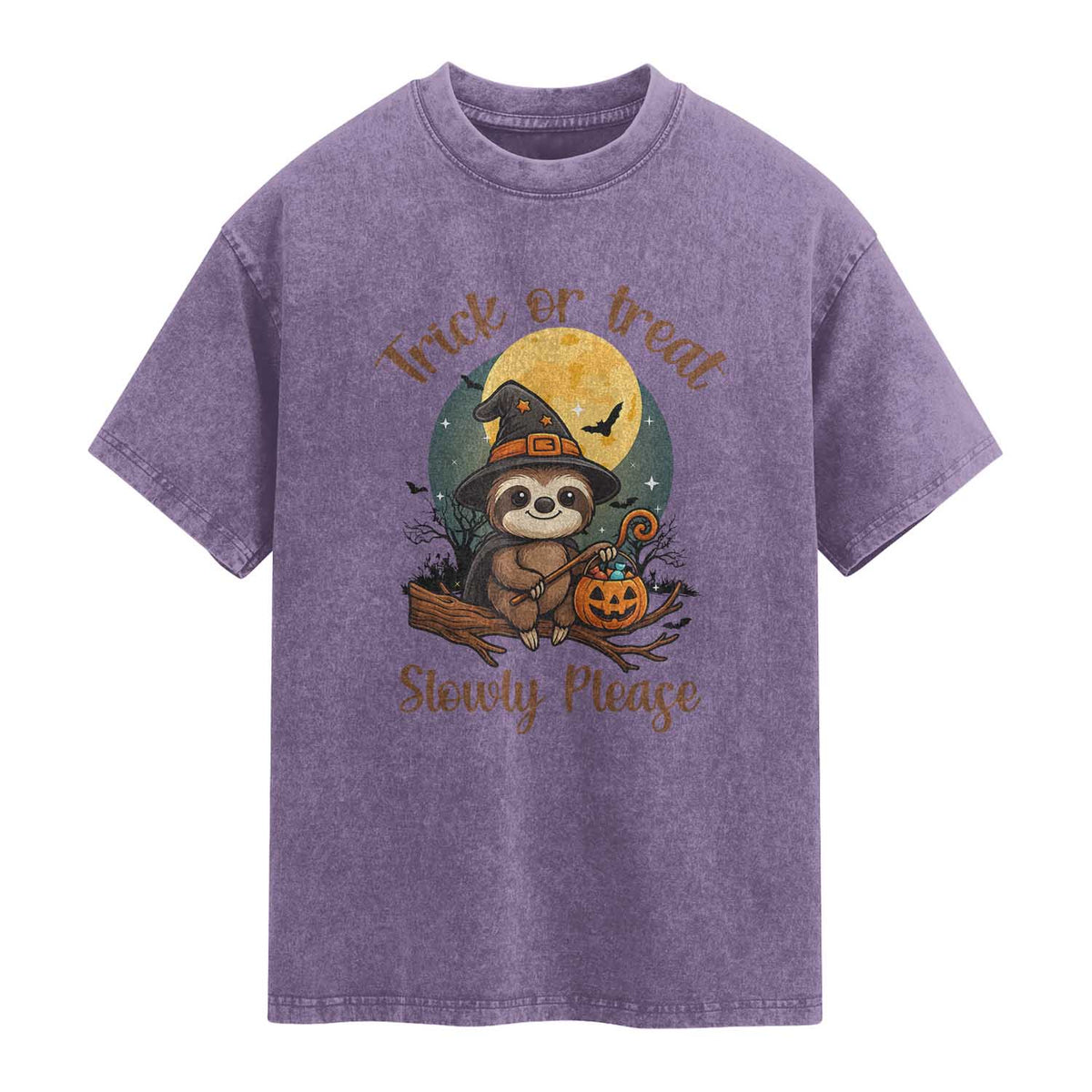 Funny Halloween Sloth Washed Cotton T-Shirt Trick Or Treat Slowly Please