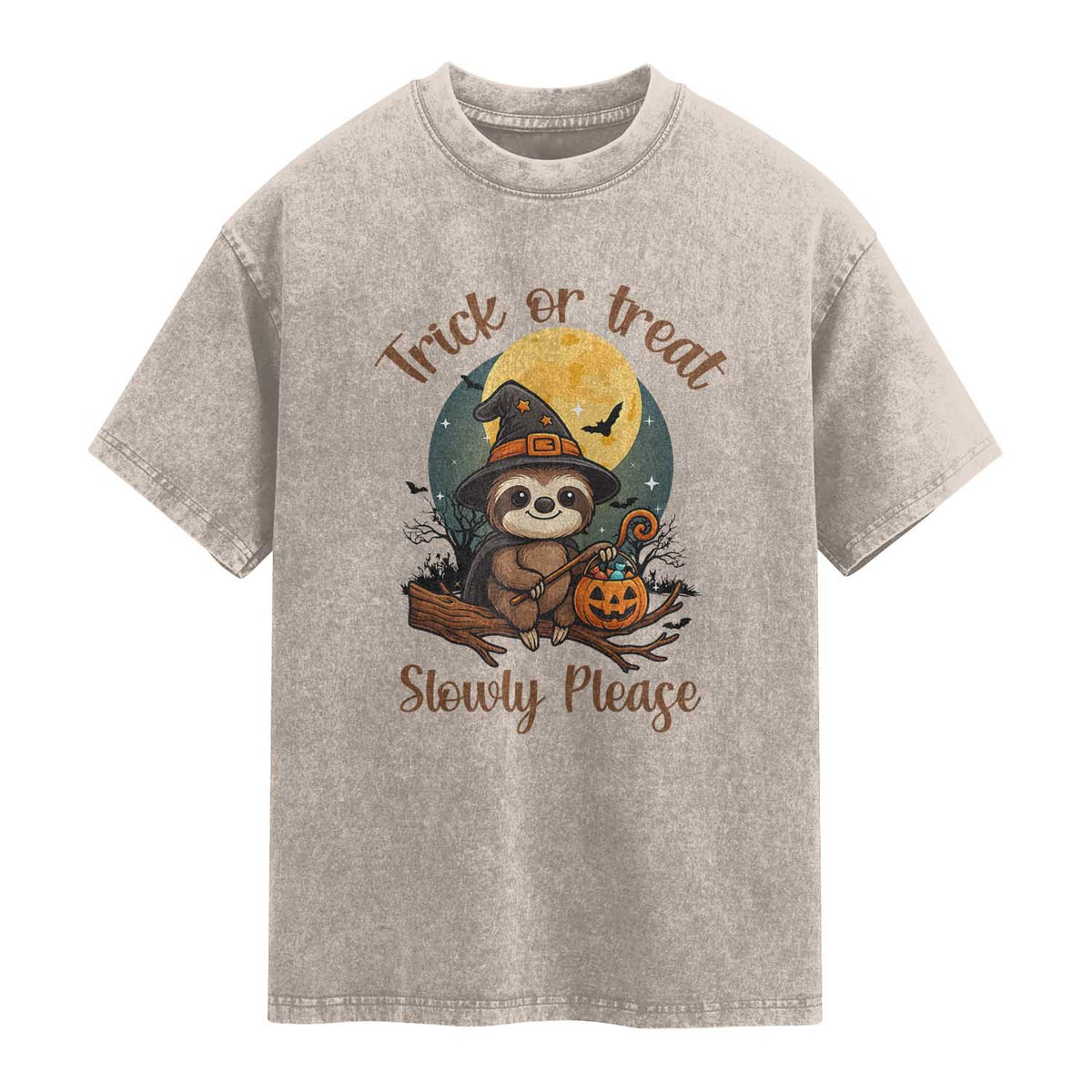 Funny Halloween Sloth Washed Cotton T-Shirt Trick Or Treat Slowly Please