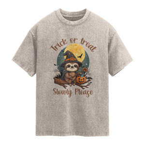 Funny Halloween Sloth Washed Cotton T-Shirt Trick Or Treat Slowly Please