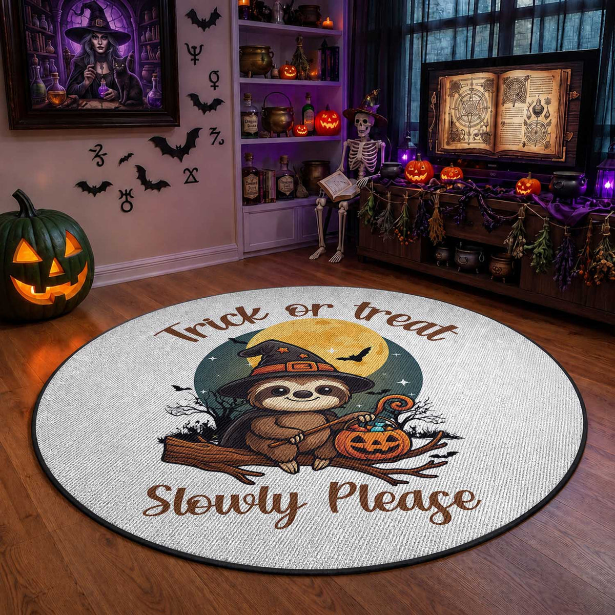 Funny Halloween Sloth Round Rug Trick Or Treat Slowly Please