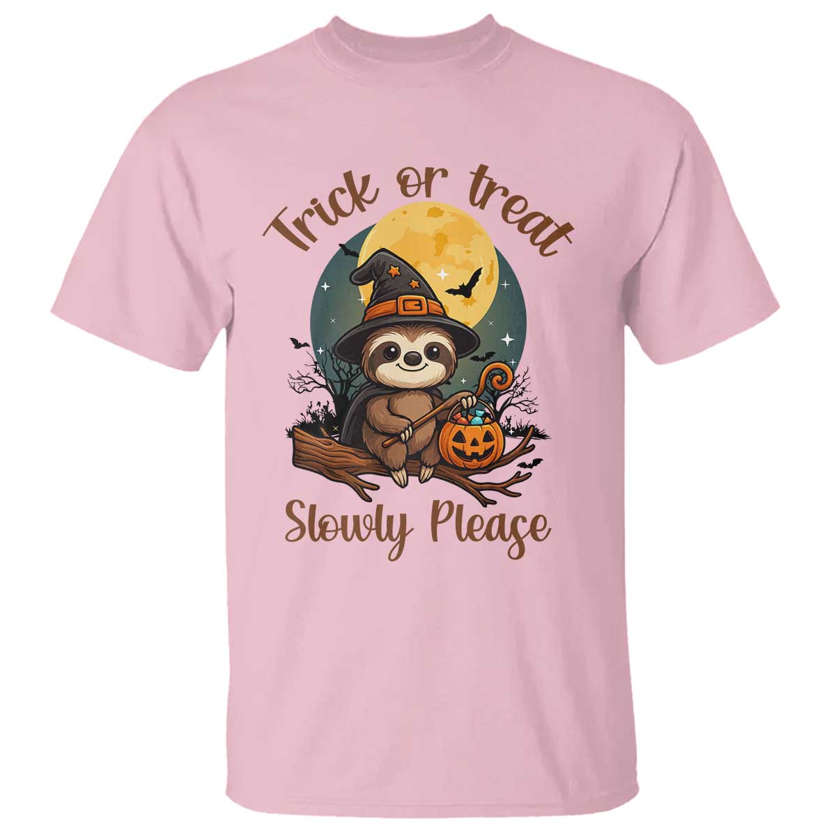 Funny Halloween Sloth T Shirt Trick Or Treat Slowly Please TS12 Light Pink Print Your Wear