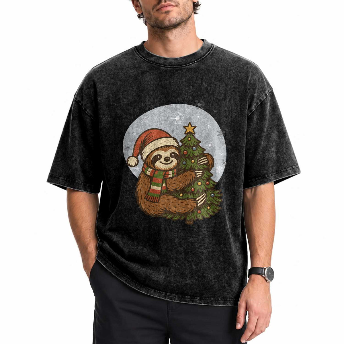 Funny Xmas Washed Cotton T-Shirt Slothin Around The Christmas Tree